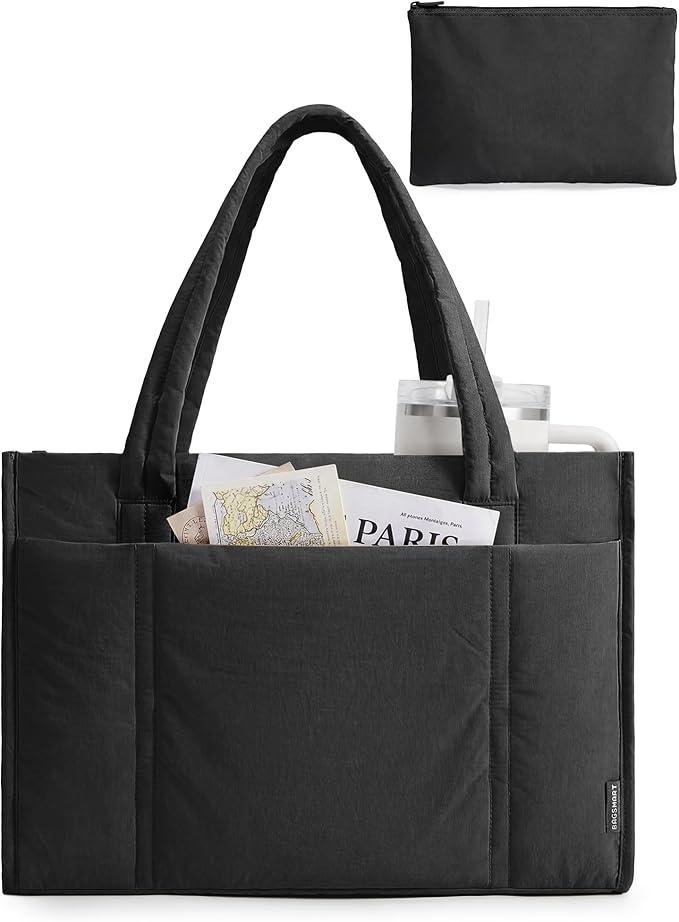 BAGSMART Tote Bag for Women, 2Pc Puffer Tote Bag with Zipper, Quilted Work Tote Teacher Bag Shoulder Handbag | Beach Tote, Diaper Bag Tote, for Travel, Gym, Lightweight, Fit 15.6" Laptop, 21L Medium Tote