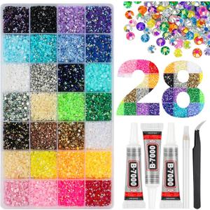 34000Pcs 28 Colors Jelly Resin Rhinestones for Bedazzling, 3mm Multicolor Flatback Gems for Crafting, Bedazzler Kit with 3Pcs 10ml B7000 Glue for Clothes Shoes Nail Diamond Art Makeup