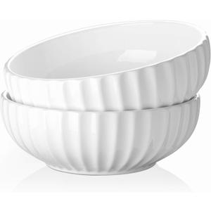 DOWAN 9.8'' Serving Bowls, 86 oz Large Salad Bowl, Ceramic Serving Dishes, Set of 2, Pumpkin Shape for Christmas, Entertaining, Party, Kitchen, Dinner, Banquet, Housewarming Gift, White