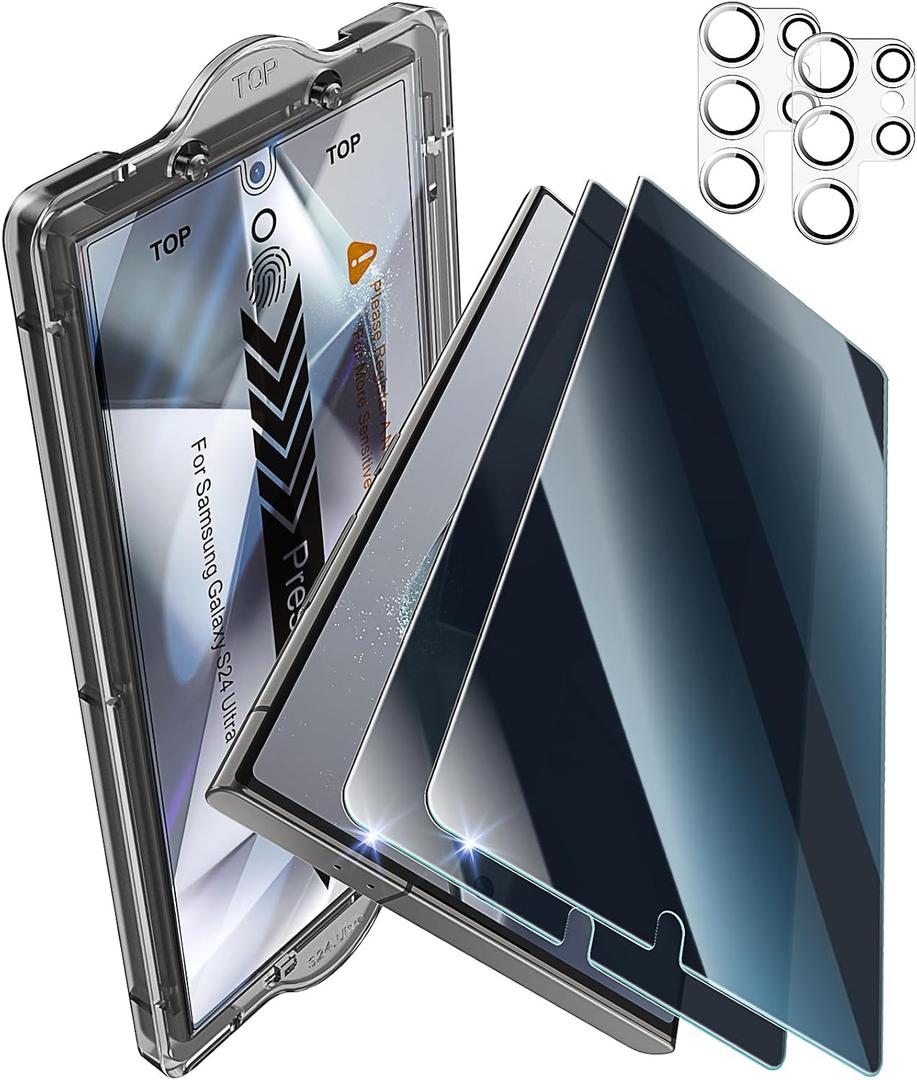 iGluz 2+2 Pack Privacy Tempered Glass Screen Protector for Samsung Galaxy S24 Ultra 6.8", 9H Ultra-Sensitive Glass with 0.02s Fingerprint Unlock Support, Anti-Spy, Easy Installation, Case-Friendly