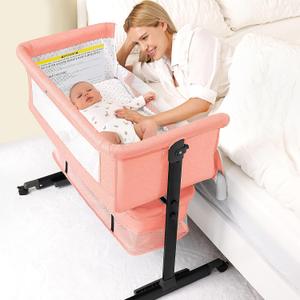 3 in 1 Bassinet Bedside Sleeper, Baby Bassinets Bedside Sleeper with Wheels, Breathable Mesh, Adjustable Height, Storage Basket, Easy Assemble & Folding (Pink)