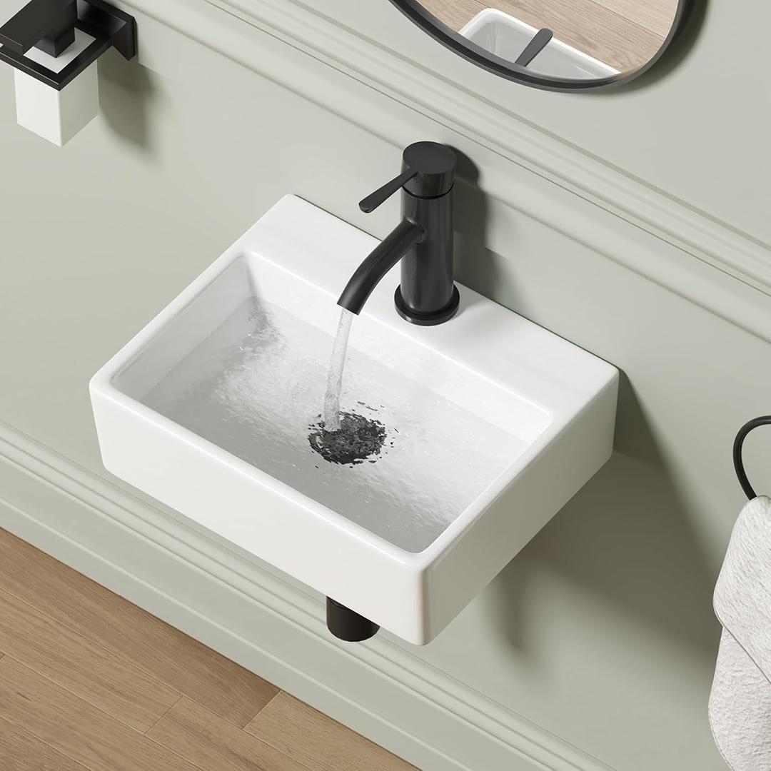 Wall Mounted Bathroom Vessel Sink, QISHKA 15" X 12" Rectangular Floating Ceramic Wash Hand Basin White Wall Hung Vanity Sink for Bathroom and Cloakroom