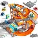 Puzzle Racer Kids Car Track Set, 4-Tier Race Tracks for Kids Ages 3-5 with 3 Cars, Traffic Parts, Trucks for Toddlers 2-4 Years, Floor Puzzle Tracks Car Gift for Boys Girls 3 4 5 Year Old