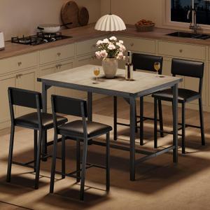 GarveeHome Dining Table Set for 4 W/Footrest & Backrest, Counter Height Table with 4 Upholstered Bar Stools, Kitchen Table Set with Corner Protector, for Small Space, Retro Gray
