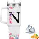 FOLAI Insulated Travel Coffee Mugs, 40oz Steel Water Bottl,Tumbler with Handle and Lid Straw,Thermal Cups for Hot and Cold Drinks Printed with Letters Personalized Unique Gifts for Women and Man(N)