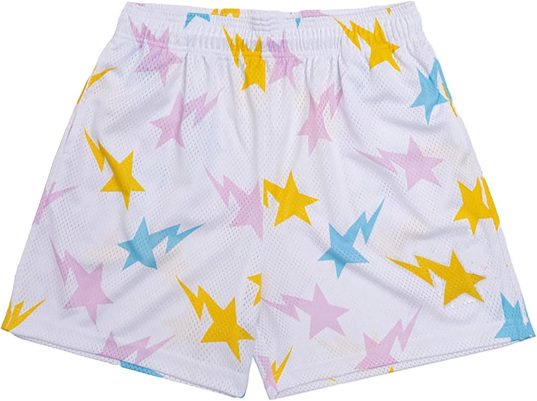 DIOTSR Mens Graphic Print Shorts Cool Mesh Basketball Shorts Casual Flat Front Shorts Summer Drawstring (Large, 02 White-pink Star)