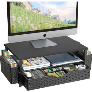 Spacrea Desk Organizer and Accessories, Computer Monitor Stand Riser with Drawer and 2 Pen Holders, Office Desk Accessories & Workspace Organizers for Office Supplies (Black)
