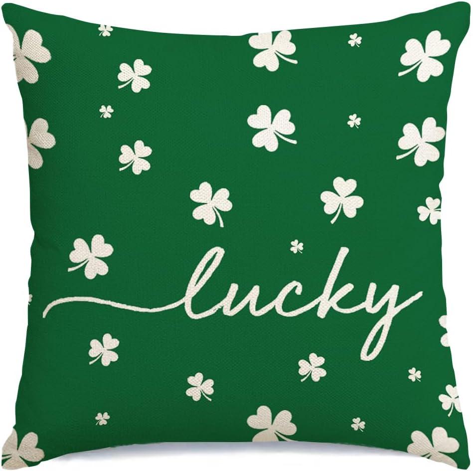 RABUSOFA St.Patrick's Day Pillow Covers 16x16 Inch,Lucky Shamrock Decorations Holiday Spring Decorative Pillow Case Decor for Sofa Couch Green and White (16" x 16" (Pack of 1))