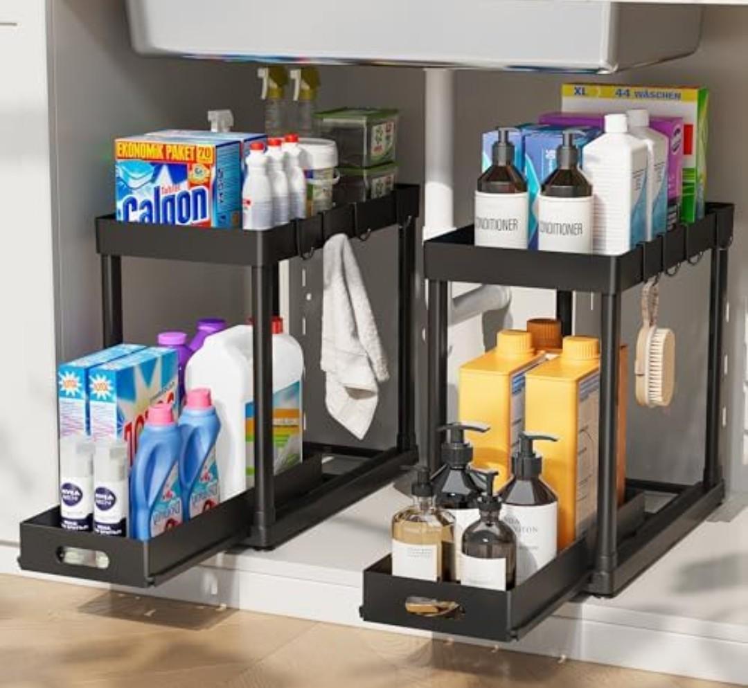 POUGNY 2 Pack Pull-Out Storage Organizers, Under Sink Organizer and Storage for Bathroom & Kitchen, Multi-Purpose Under Cabinet Organizers and storage Black, Size: 12.8IN