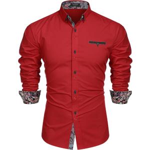 COOFANDY Mens Dress Shirt Long Sleeve Casual Button Down Paisley Shirts Party Wedding Dress Shirt (Red)