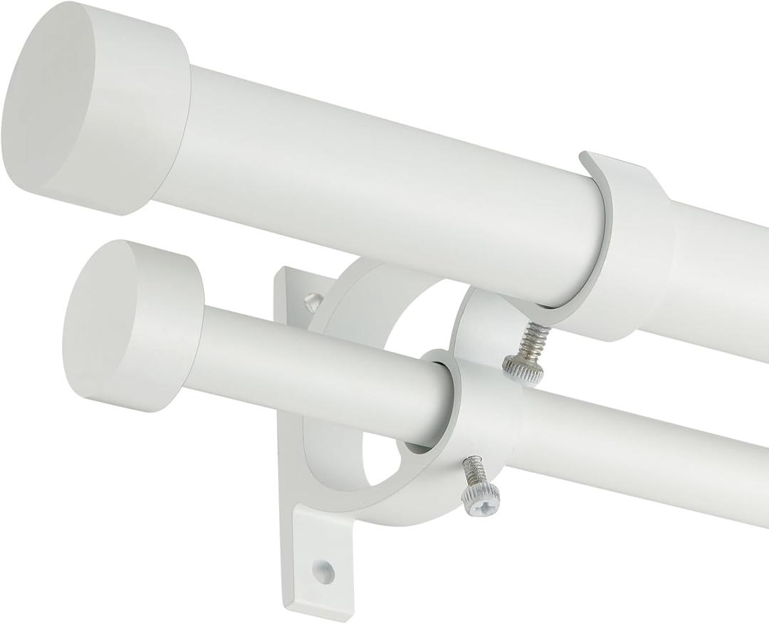 Double Blackout Curtain Rods 72 to 144 Inches (6-12 Feet),1-Inches Front and 5/8 Inches Back Adjustable End Cap Double Window Drapery Rod for Drapes and Curtains,Matte White