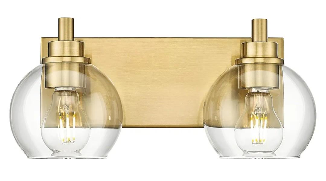 Bathroom Light Fixtures, 2 Light Brushed Gold Vanity Light, Modern Wall Sconces with Clear Glass Globe Shade, Bathroom Wall Lights Over Mirror Kitchen Bedroom Hallway, VL195-GD-2