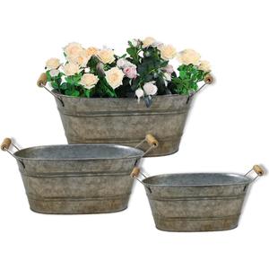 vensovo Galvanized Metal Oval Planter Buckets with Handles  Set of 3 Rustic Farmhouse Flower Tubs with Drain Holes & Plugs, Vintage Small Pots for Herbs, Succulents, Wedding or Tabletop Decor