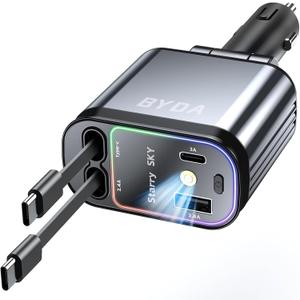 4 in 1 Retractable Car Charger with Starry Light,69W USB-C Fast Car Charger, for iPhone 17/16/15/14/13/12/11, Android,Pixel,Cigarette Lighter Charger (Dual Cord USB-C), Grey