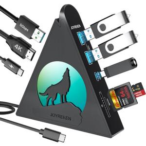 JoyReken Vertical USB C Hub, 8-in-1 MacBook Adapter with 4K, PD100W Pass-Through Charging, 5Gbps 3xUSB-A, USB-C 3.0, SD/TF Card Reader, RGB Wolf Type-C Hub Tower for MacBook, iPad, iPhone17, etc.