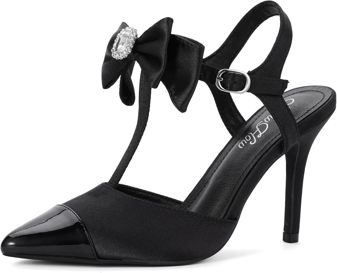Mofri ShowHow Womens High Heels Closed Splicing Pointed Toe Stiletto Bow Tie Slingback Heeled Shoes Ankle Strap Wedding Pumps Bridal Party Work Dress Shoes (10, Black)