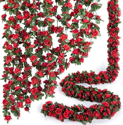 PONKING 8 Pcs 66FT Flower Garland, Artificial Rose Vine Flowers with Green Leaves, Hanging Fake Roses Vine for Room Anniversary Wedding Birthday Christmas Wall Arch Decor, Spring Red Flower