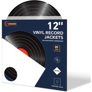 12" White Vinyl Record Jackets, Center Hole, 350gsm, 20 Pack | Thick cardboard sleeves, Blank LP covers for 33 RPM records, Sturdy storage & organization, Fits standard 12" vinyl