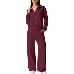 QINSEN Women's Cotton 2 Piece Outfits Lapel Long Sleeve Zip Up Sweatshirt Wide Leg Pants Matching Tracksuit Sets (Large, Burgundy)