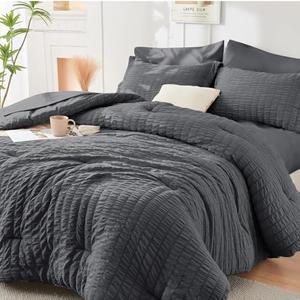 HYMOKEGE Queen Comforter Set Seersucker 3 Pieces, All Season Luxury Bed in a Bag for Bedroom, Bedding Set with Comforters, Sheets, Pillowcases & Shams, Dark Grey
