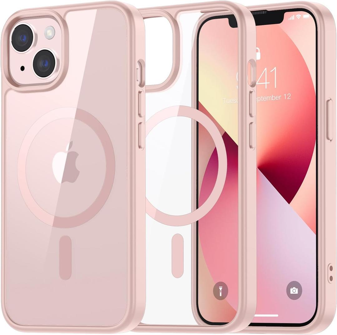 SUPFINE Magnetic for iPhone 13 case & iPhone 14 case, [Compatible with MagSafe][Clear Hard Back with Soft TPU Frame][12FT Military Grade Drop Protection] Shockproof Phone Case,Clear Pink