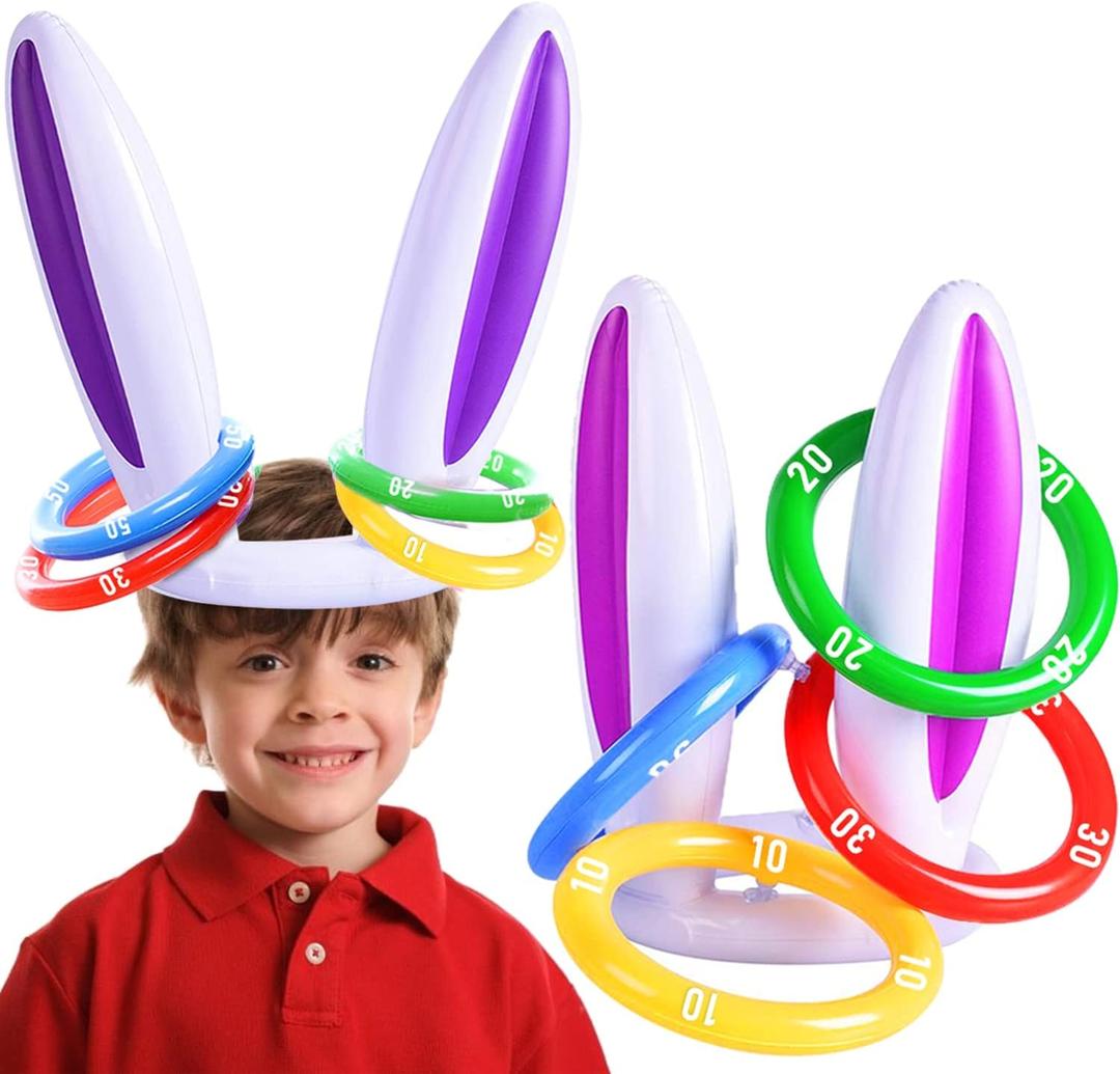 [ Score Ring ] 2 Pack Easter Inflatable Bunny Rabbit Ears Ring Toss Party Games (2 Set & 8 Rings) Indoor Outdoor Rabbit Ring Toss Toys Gift Party Favors Kids Family Easter Party Supplies Carnival Game