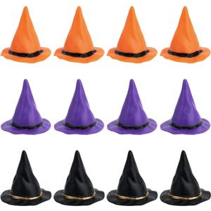 12pcs Plastic Miniature Witch Hats, Mini Small Wizard Hat Ornament Tiny Halloween Dollhouse Miniatures for Haunted House Decor DIY Crafts Cake Toppers Doll Halloween Party Supplies (3 Colors)
