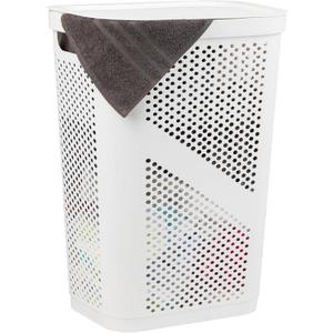 Mind Reader Slim Laundry Hamper with Lid, 60L Clothes Basket, Ventilated Plastic, White