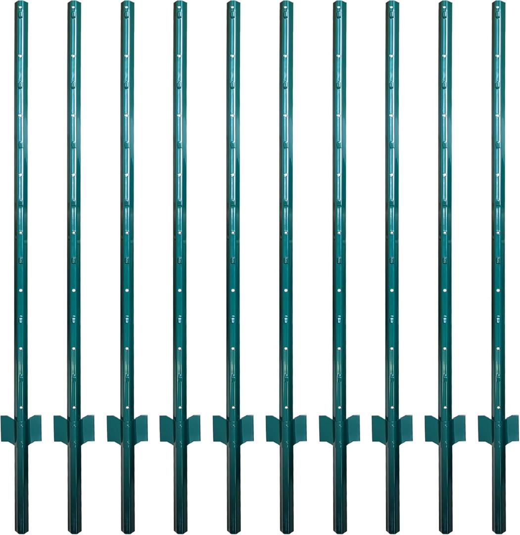 ARIFARO Fence Posts 4.8 Feet Sturdy Duty Metal Fencing Poles, Pack of 10, No Dig Garden U Post for Wire Fencing Steel Post for Yard, Outdoor Wire (Green 10 PCS)