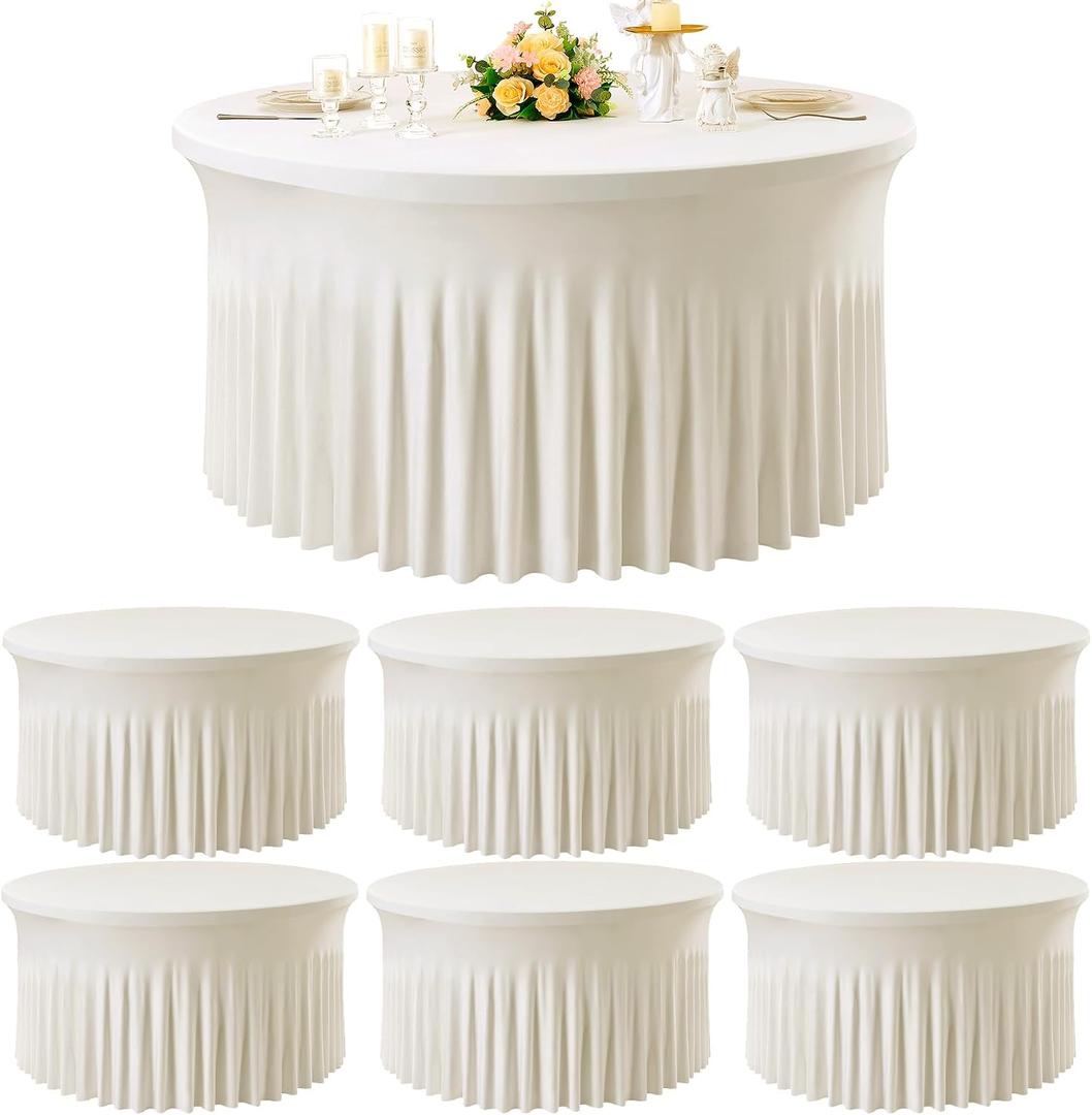 6 Pack Ivory Spandex Round Tablecloths for 60 inch Table, Wrinkle Free 120inch Stretchy Fitted 5FT Round Table Cloths Cover with Skirt for Wedding Party Dining Banquet