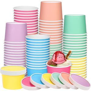 60-Pack 8 Oz Paper Ice Cream Cups with Lids Macaron Color Disposable Dessert Snack Bowls for Sundae, Frozen Yogurt & Party Supplies| Hot/Cold Safe Containers