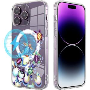 Roemary Rainbow Turtles Case for iPhone 14 with MagSafe Design,Magnetic Wireless Charging Clear Transparent TPU Phone Case Cover for iPhone 14 6.1 inch(Turtles)