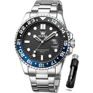 OLEVS Men Skeleton Watches Stainless Steel Analog Quartz Moon Phase Male Watch, Diamond Multi Calendar Chronograph Watch,Waterproof Wrist Watch for Men (silver black watches 10)