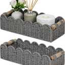 CubesLand Bathroom Basket Organizer, Toilet Tank Paper Storage Baskets 2-Pack, Scalloped Decorative Basket for Countertop w/Handle, Wicker Basket for Bathroom Decor, Home Decor, Living Room, Grey (14"D x 6.3"W x 3.9"H)