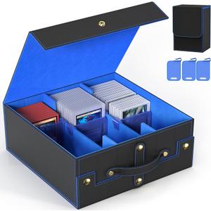Budding Joy Card Deck Box for MTG with Small Case, 1800+ Commander Trading Card Storage Box with Portable Handle, Magnetic Deck Case Fits for Top Loader TCG, PTCG, Sports, Magic Cards, Black Blue (3 Rows)