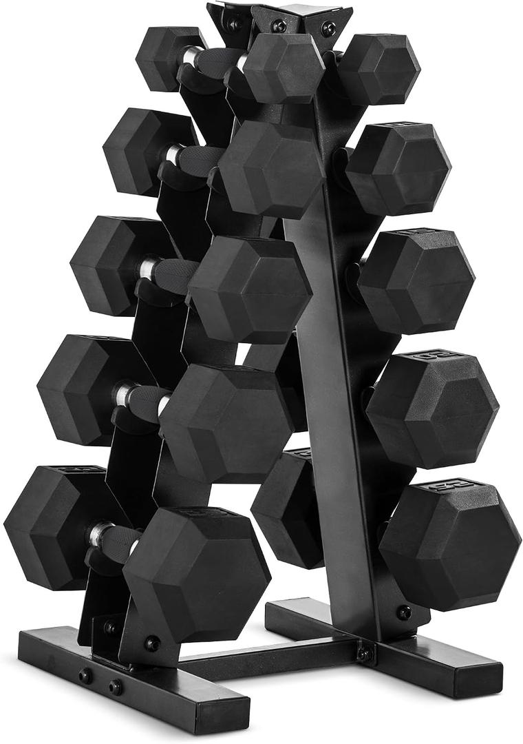 CAP Barbell Rubber Coated Hex Dumbbell Set with Storage Rack | 100210 lb Options, Space-Saving Vertical Compact Storage for Home Gym Strength Training