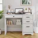 4 EVER WINNER White Desk with Drawers, Farmhouse Home Office Desks for Small Spaces, Small Computer Desk with File Drawers & Monitor Stand, Wood Table with Drawers, White