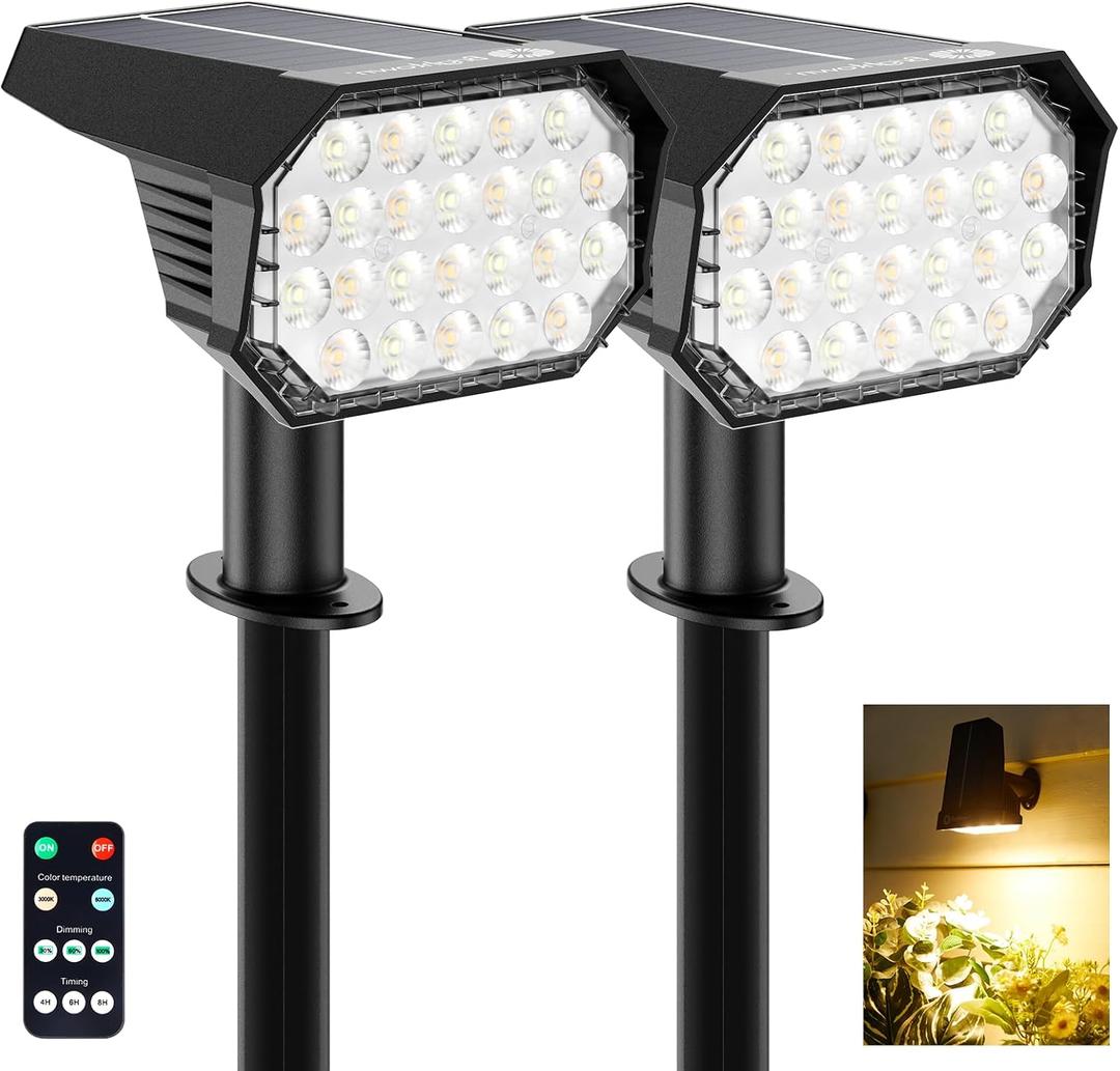 Brightown Solar Lights Outdoor Waterproof IP67, [Cool & Warm Light 2-in-1] Solar Spot Lights Outdoor, 2 Colors 3 Brightness Levels LED Outdoor Solar Lights for Yard Pathway Garden House, 2 Pack
