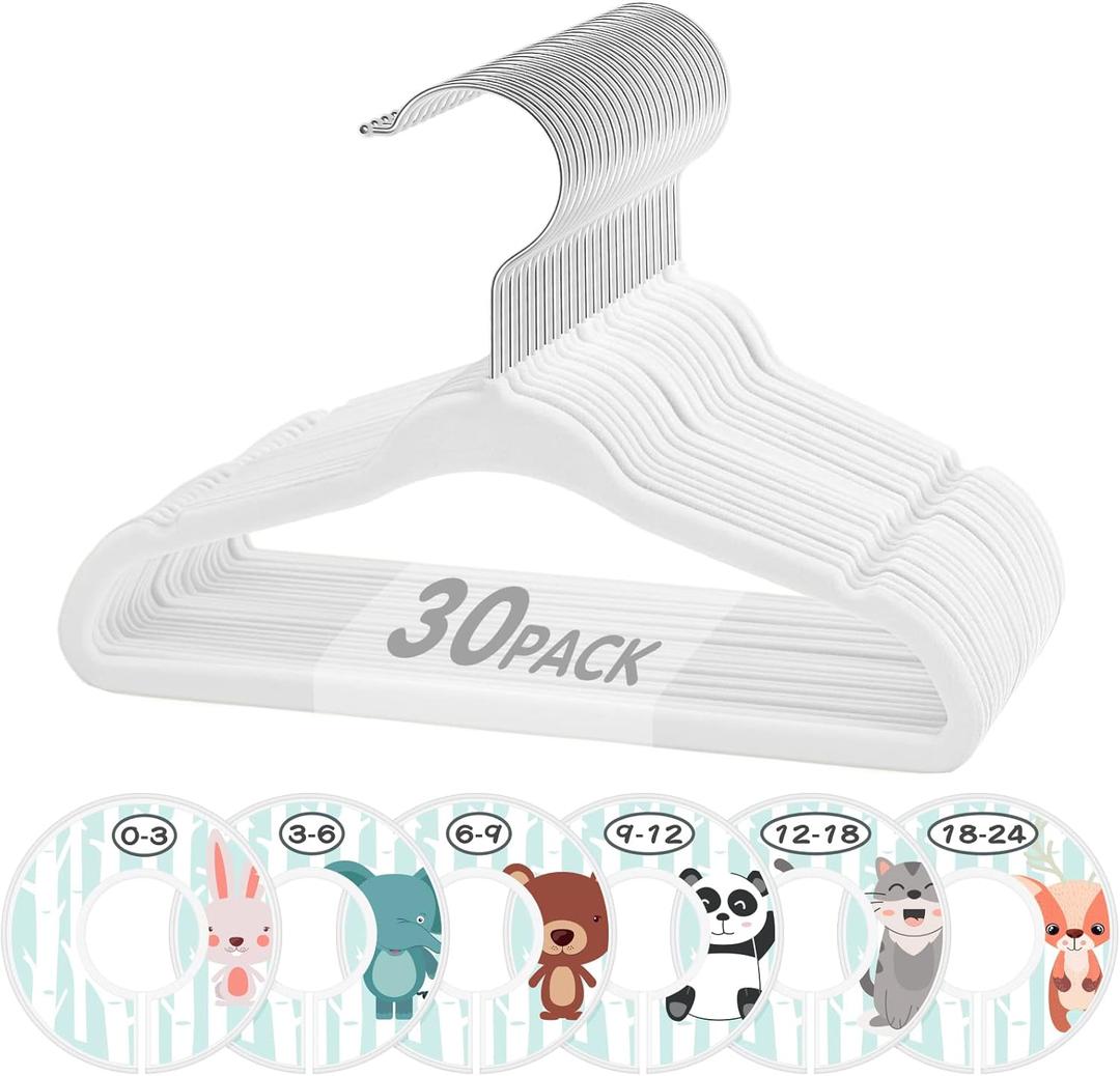 VIS'V Baby Hangers, 11 Inch Velvet Kids Hangers with 6 Pcs Clothes Size Dividers, Infant Toddler Nursery Closet Organization, Non Slip, White, 30 Pcs