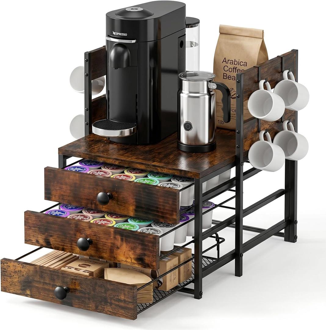120-Pod Coffee Pod Holder with 8 Mug Hooks, 3-Tier Countertop Organizer
