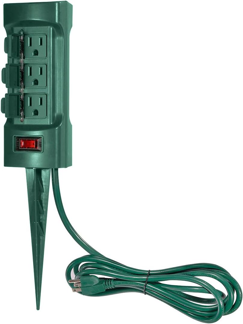 BESTTEN Outdoor Power Strip with Covers and Overload Protection Switch, Double Sided 6Outlet Yard Power Stake with 9Foot Long Extension Cord, ETL Certified, Green