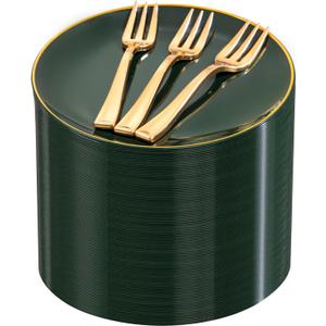 Festiva 200Pcs Green Dessert Plates 6.3" with Plastic Forks 5"- Small Disposable Plates- Dessert/Cake/Appetizer Plastic Plates include 100Plates 100Forks for Christmas Party&New Year (Emerald Green Gold)