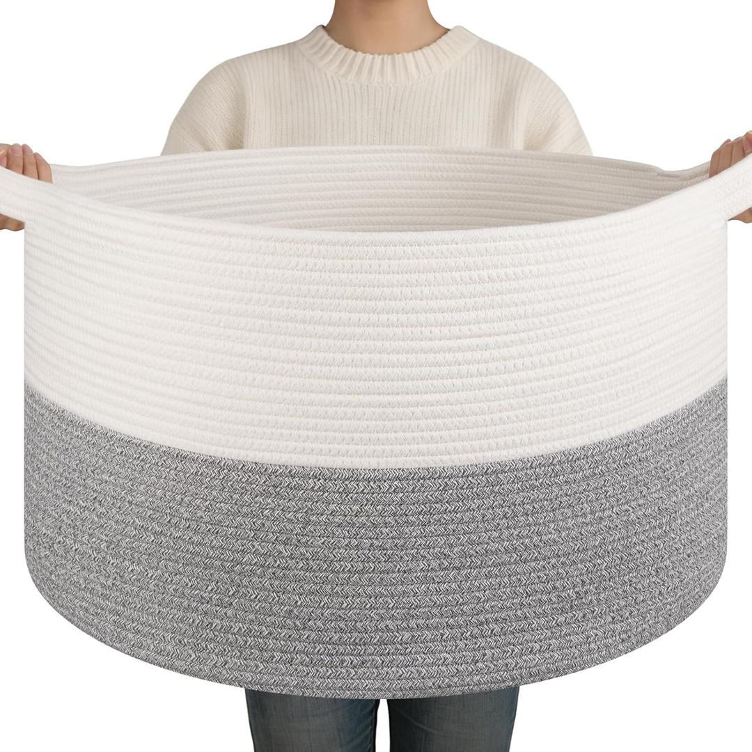 OIAHOMY 90L XXXLarge Blanket Basket for Living Room, 21.7" x 13.8" Woven Cotton Rope Laundry Basket for Organizing Pillows, Decorative Stuffed Animal Toy Storage Bin for Nursery, White and Light Grey
