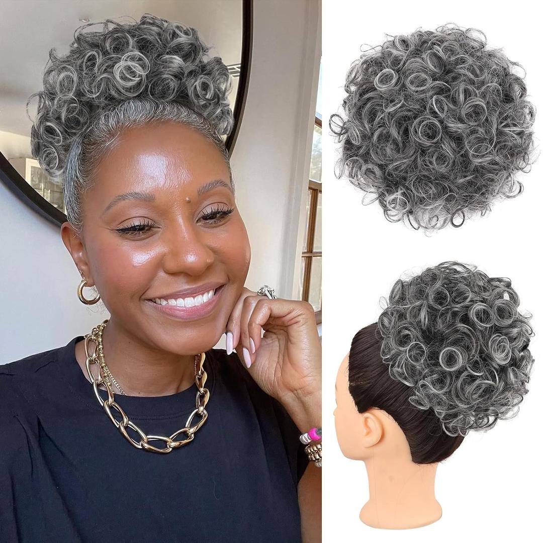 Curly Grey Hair Buns Messy Bun Hair Piece Clip in Synthetic Hair Pieces for Women Salt and Pepper Bun Hair Extensions Large Curly Drawstring Ponytail Clip on Bun Ponytails for Women (T1B/GREY#)