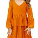 storeofbaby Solid Long Sleeve Dress for Girls Winter Stylish Tiered Midi Dresses Orange 10-11 Years (Orange)