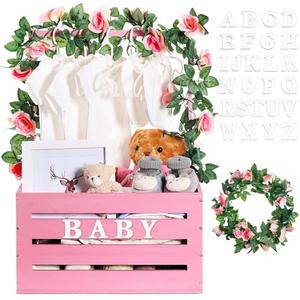 Barydat Wooden Baby Shower Crate Closet, Baby Basket with Handle and Garland Storage Crate Hamper Baby Shower Wooden Gift Crate Letters Self Adhesive for Pregnancy New Parent (Pink)