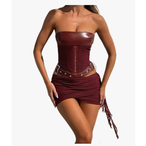 Sexy Two Piece Outfits for Women Off the Shoulder Leather Tube Top High Waist Ruched Mini Skirt Set Vacation Outfits, S