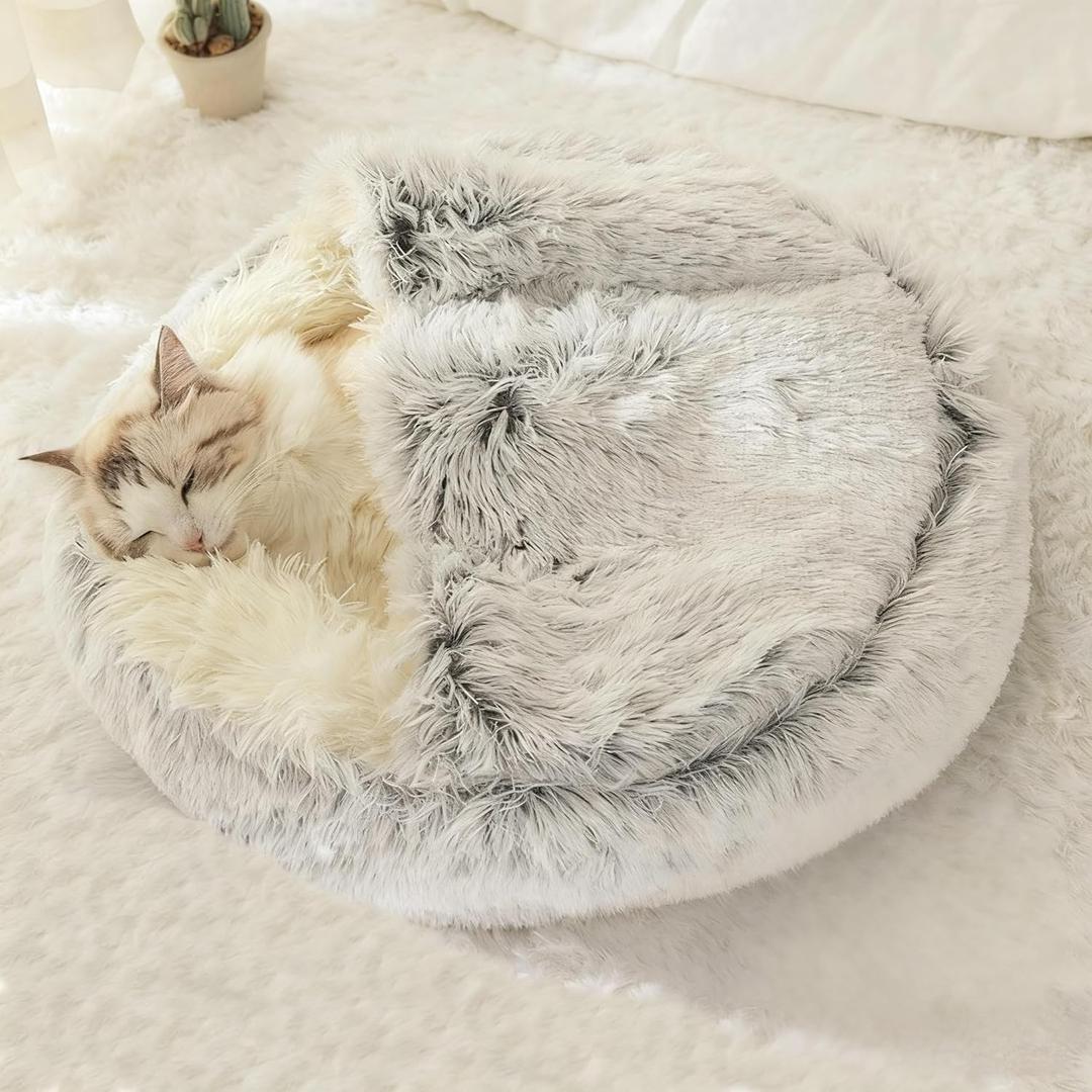 Cat Bed Round Fluffy Hooded Cat Bed Cave, AntiAnxiety Cave Bed with Hooded Blanket, Cozy Cuddler Luxury Puppy Pet Bed, AntiSlip Bottom and Machine Washable (Grey, Medium)