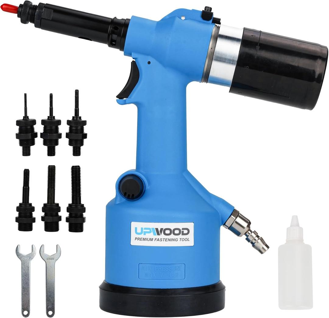 Heavy duty Air Hydraulic Rivet Nut Tool, Pneumatic Riveter Automatic Rivet Nut Gun Tool Setting Kit Come with 7 Size SAE Nose-Piece Assembly (#6-32, #8-32, #10-24, 1/4-20, 5/6-18,3/8-16,1/2-13)