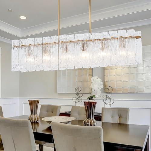 Tyottadar Modern Gold Rectangle Chandeliers for Dining Room 39’’ Large Rectangular Island Light Crystal Water Ripple Glass Luxury Linear Pendant Ceiling Light for Kitchen Island Living Room, 6-Light
